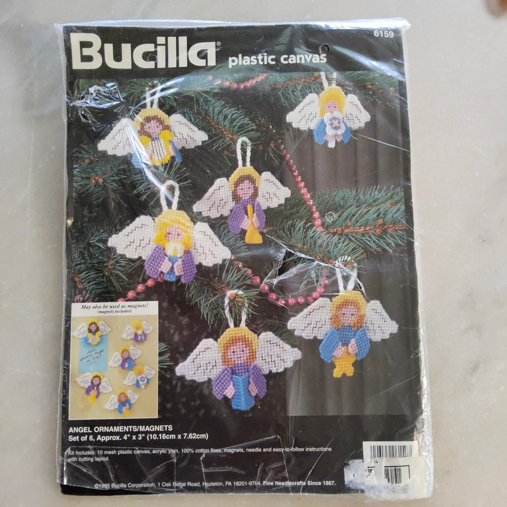 Bucilla Plastic Canvas Angel Ornaments Magnets Kit Set‎ of 6 Vintage 1995